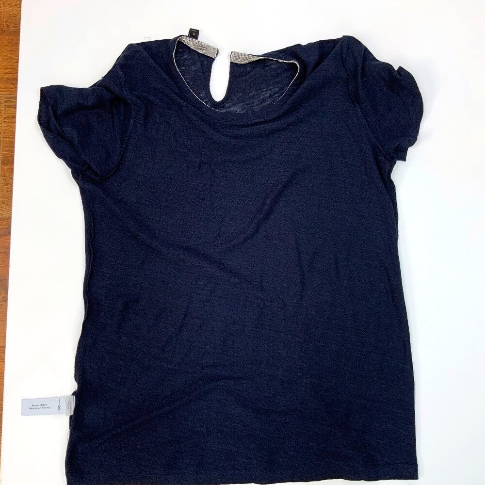 New J. Crew Navy Linen Embellished Collar Short Sleeve Tee Sz M - Picture 15 of 16
